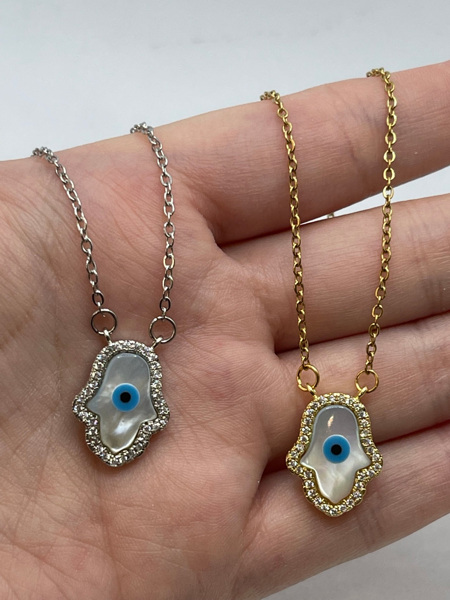 Hamsa shell necklaces stainless steel 18"