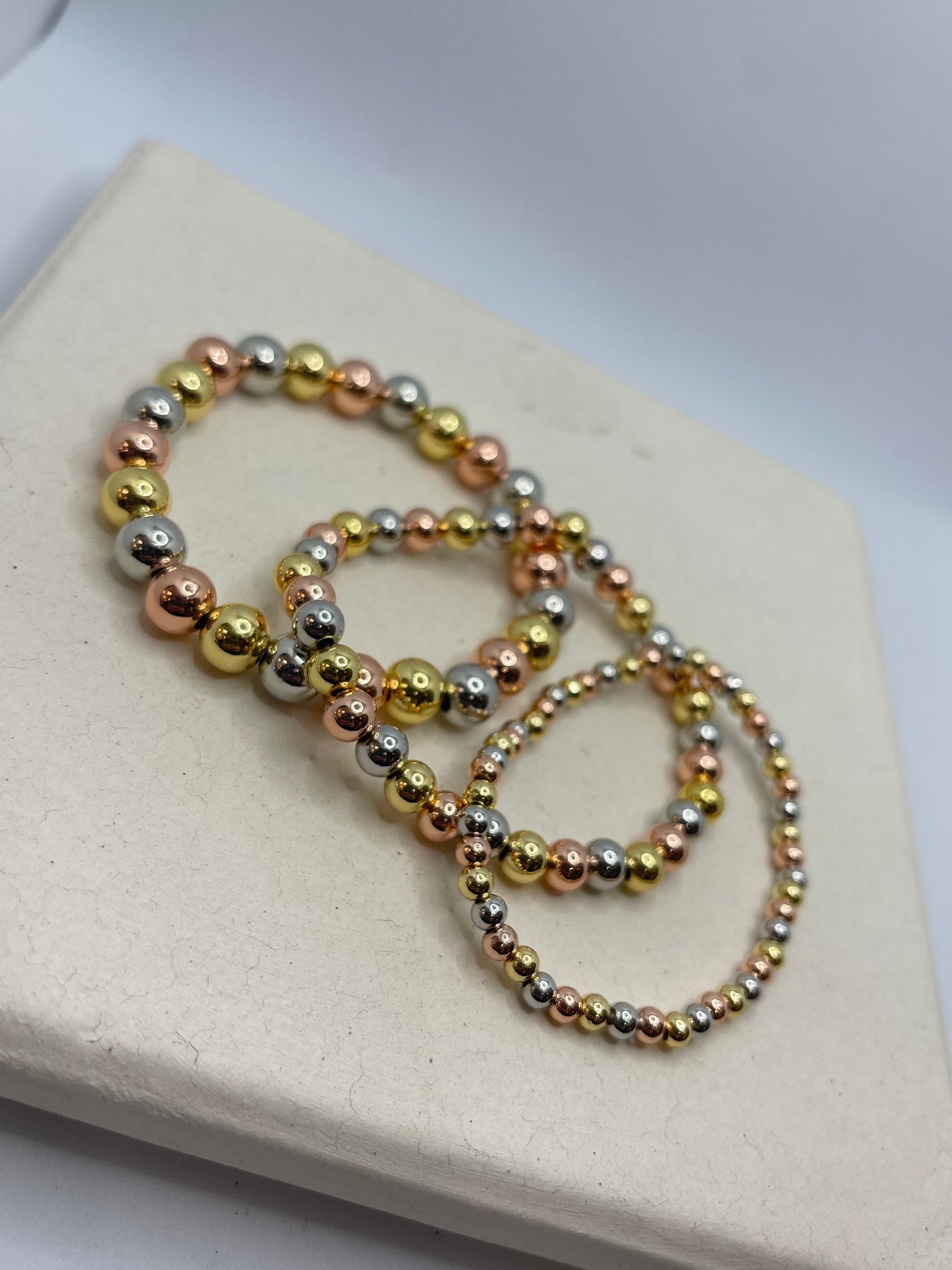 3 Tone Bracelet, Gold and Silver Beaded Bracelets 3mm- 4mm-6mm
