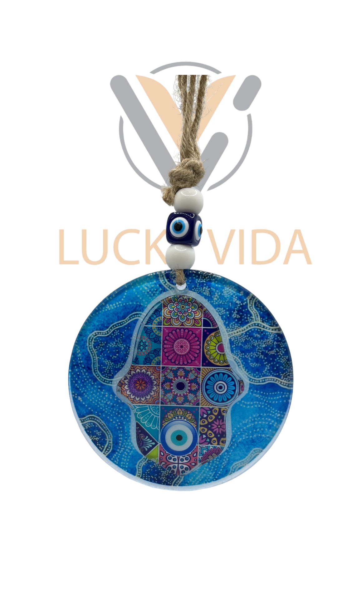 Hippie hamsa Evil Eye- tyde light blue color 5"