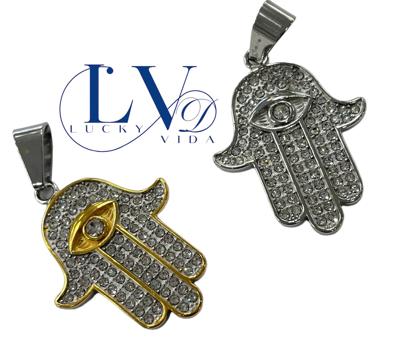 CZ Encrusted Stainless Steel Gold PVD Hamsa Pendant