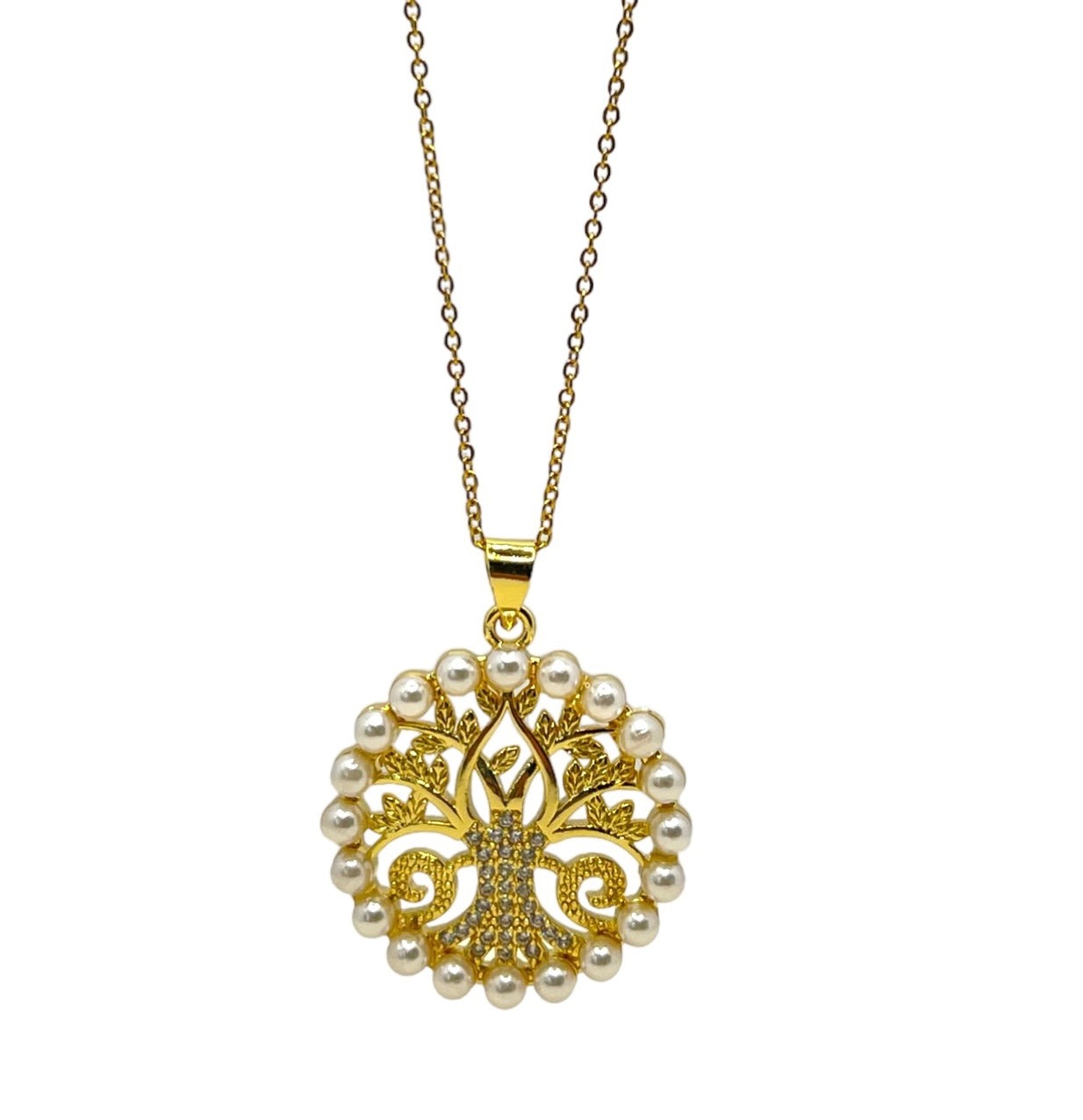 18k Gp Perls tree of life pendant with zirconias
