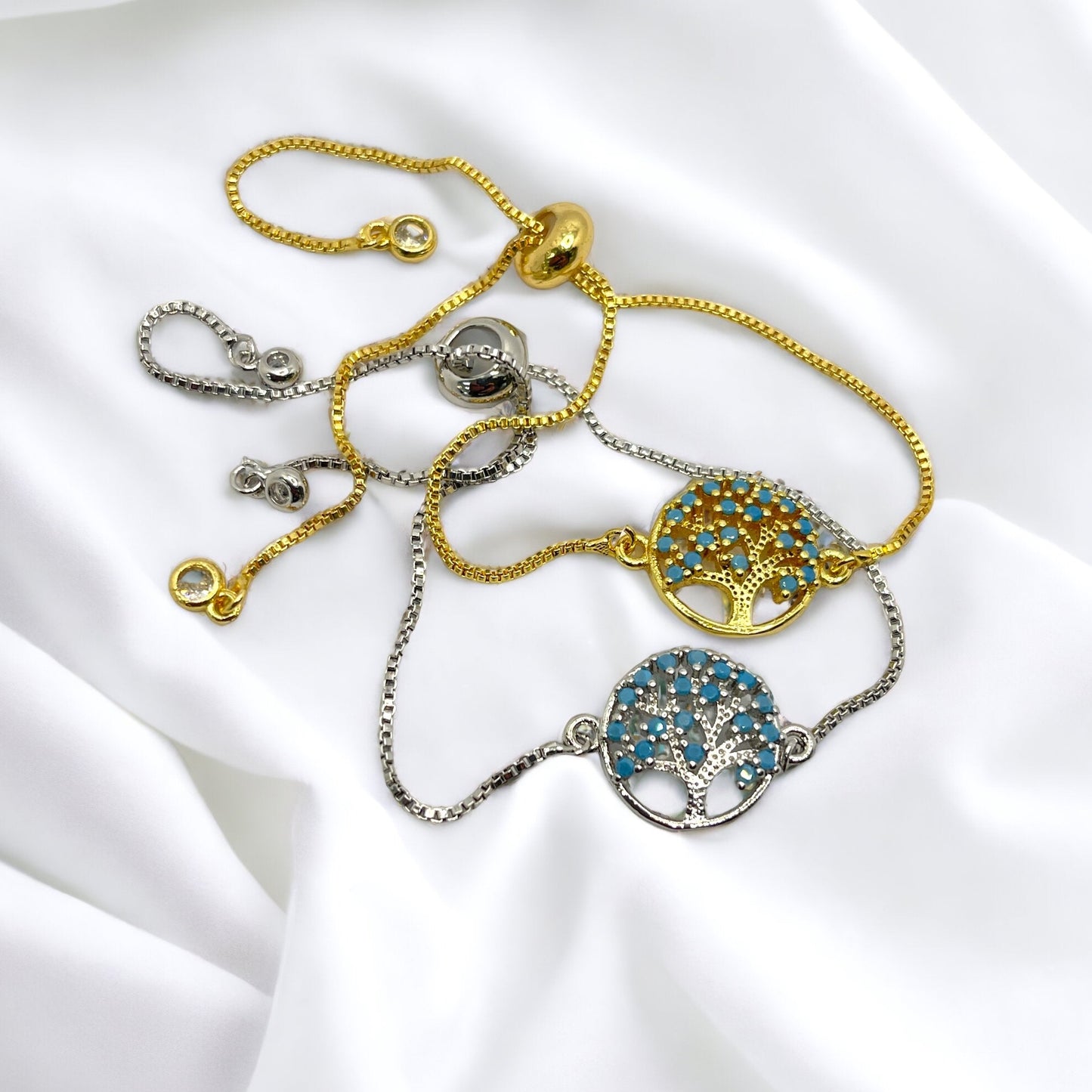 Tree of life blue stone zirconia adjustable bracelet