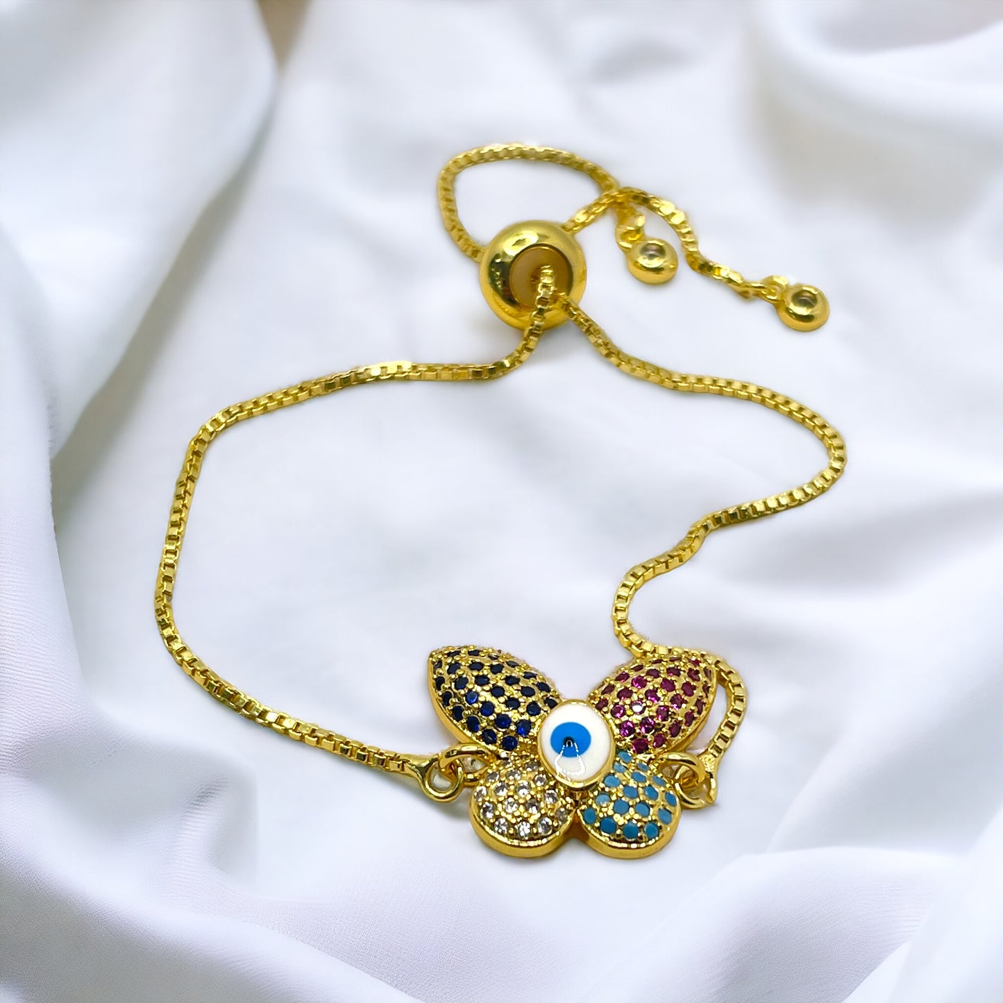 Butterfly multicolor eye adjustable bracelet 18k gold plated