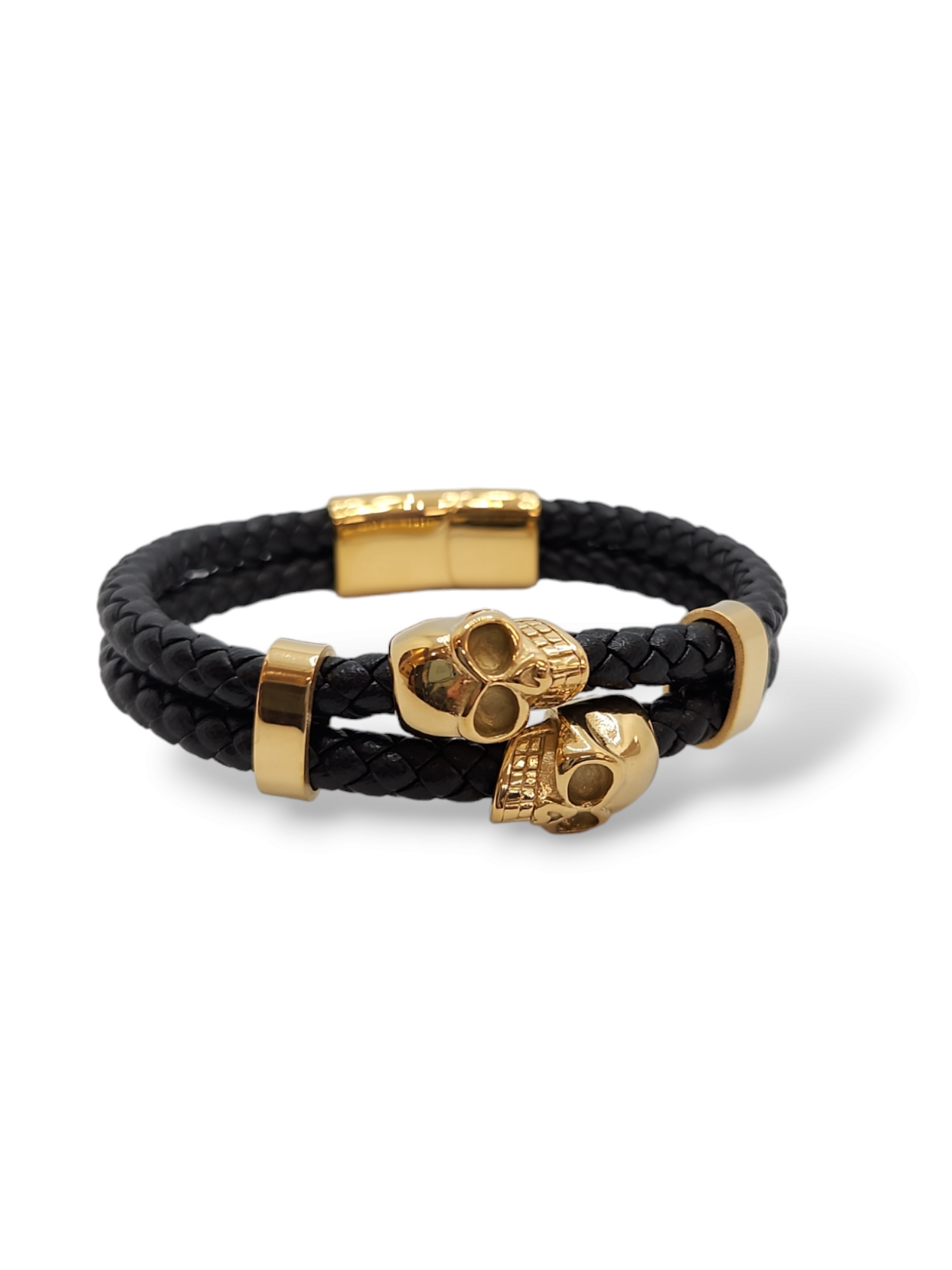 Double skull leather bracelet, stainless steel