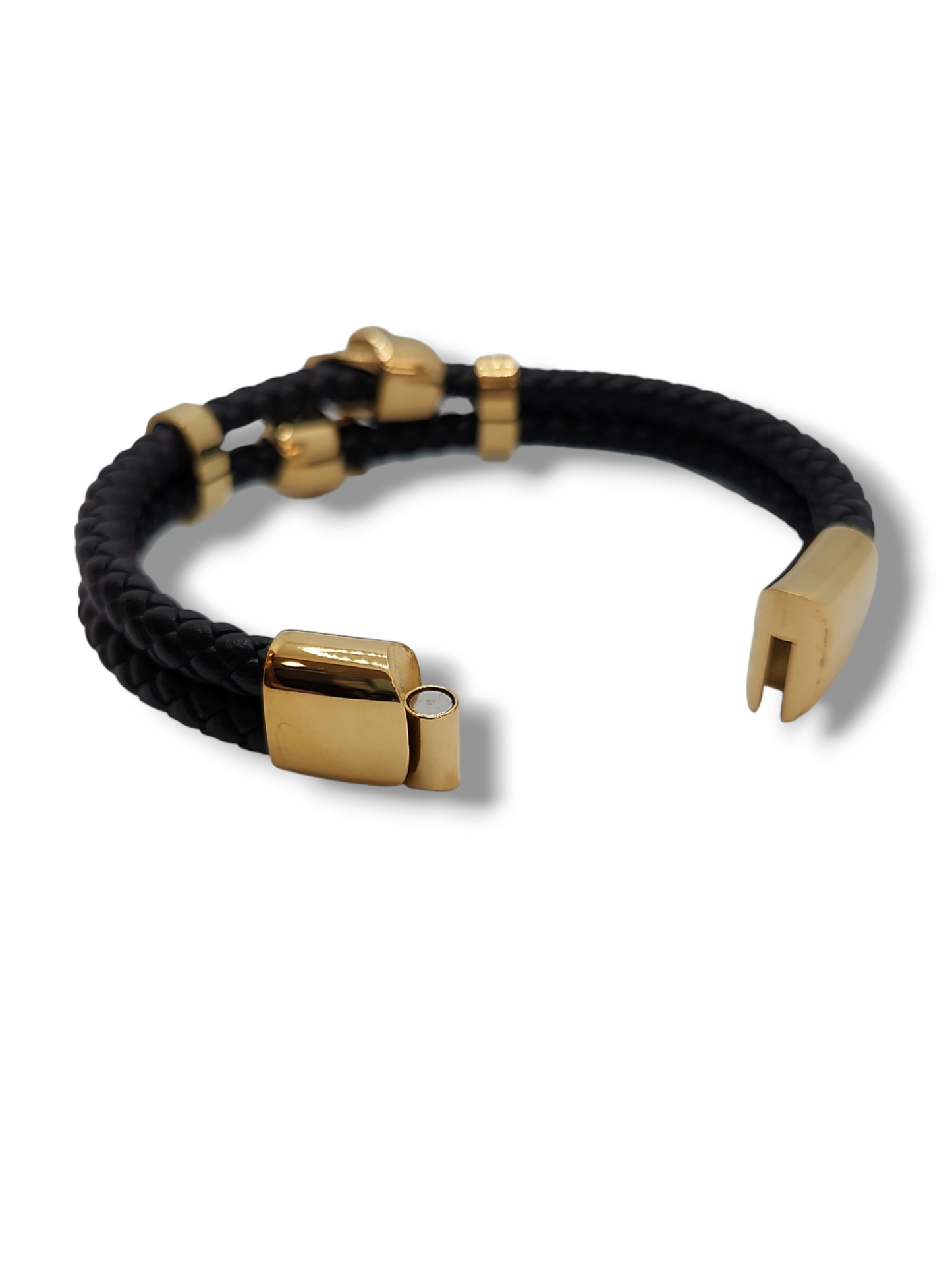 Double skull leather bracelet, stainless steel