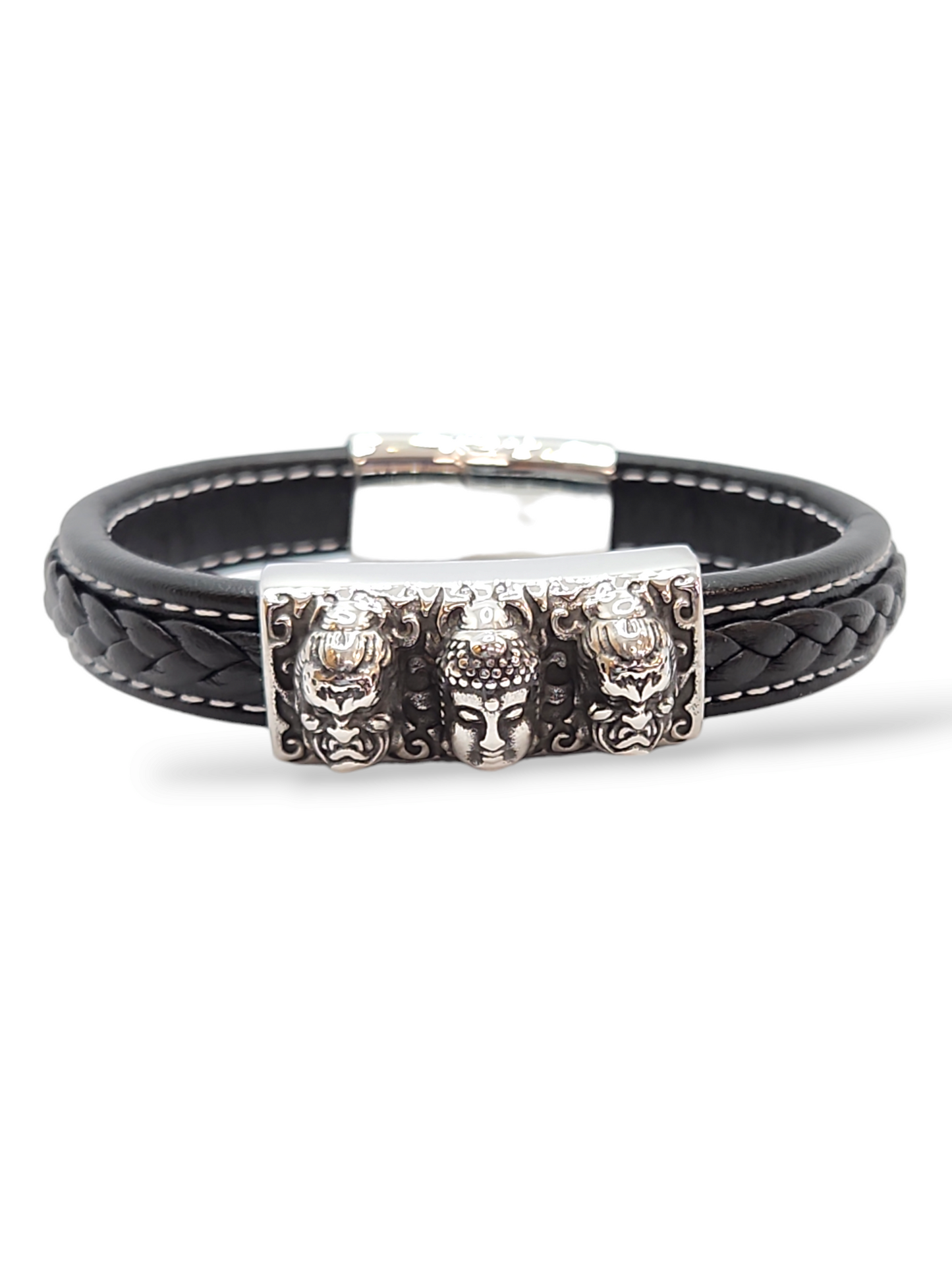 Buddha leather bracelet, stainless steel