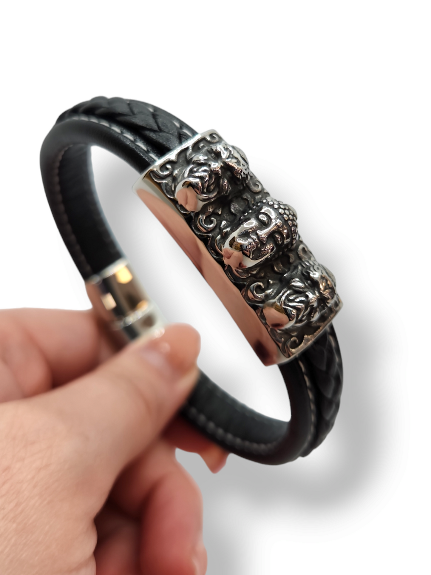 Buddha leather bracelet, stainless steel