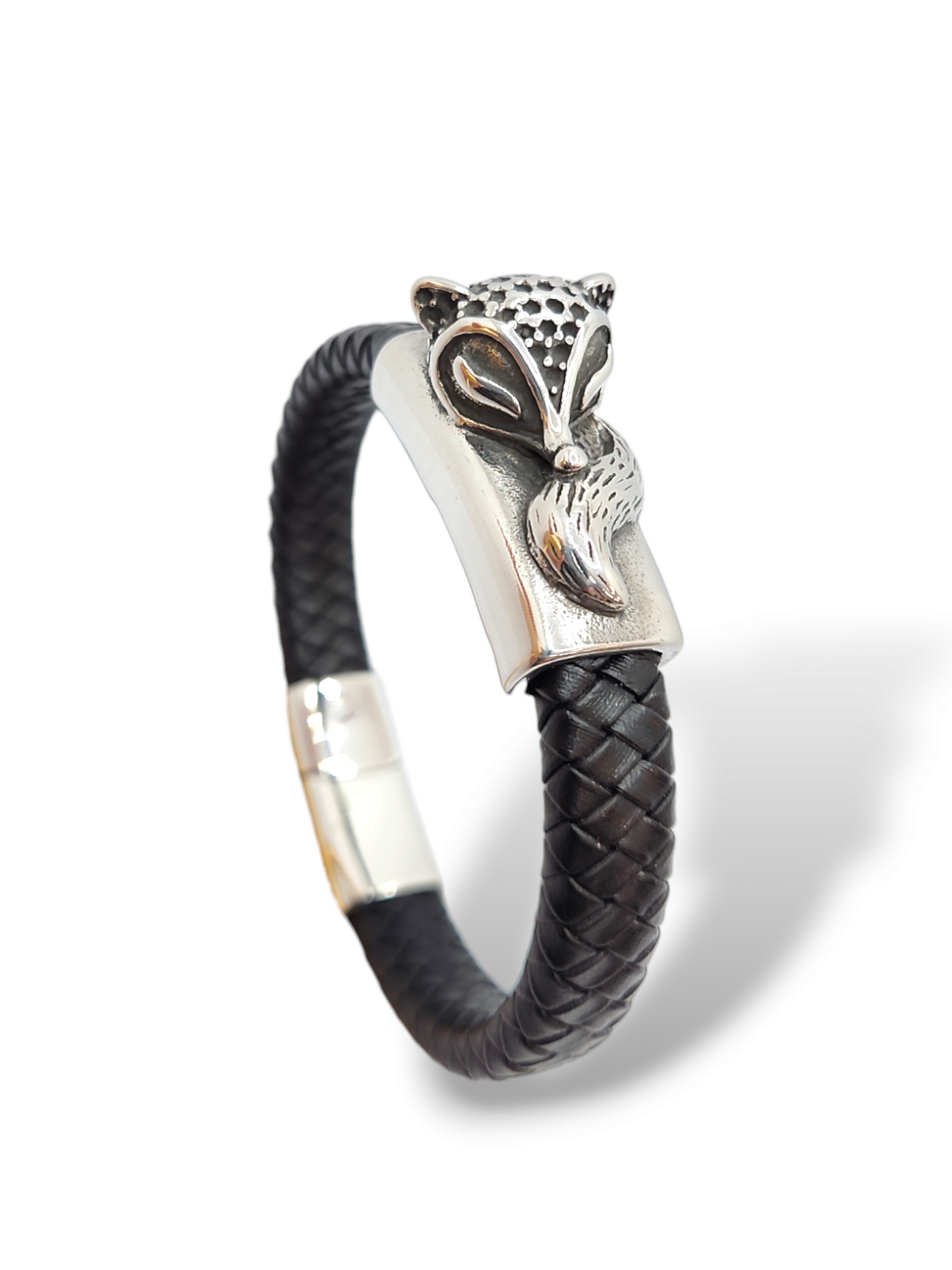 Fox leather bracelet, stainless steel
