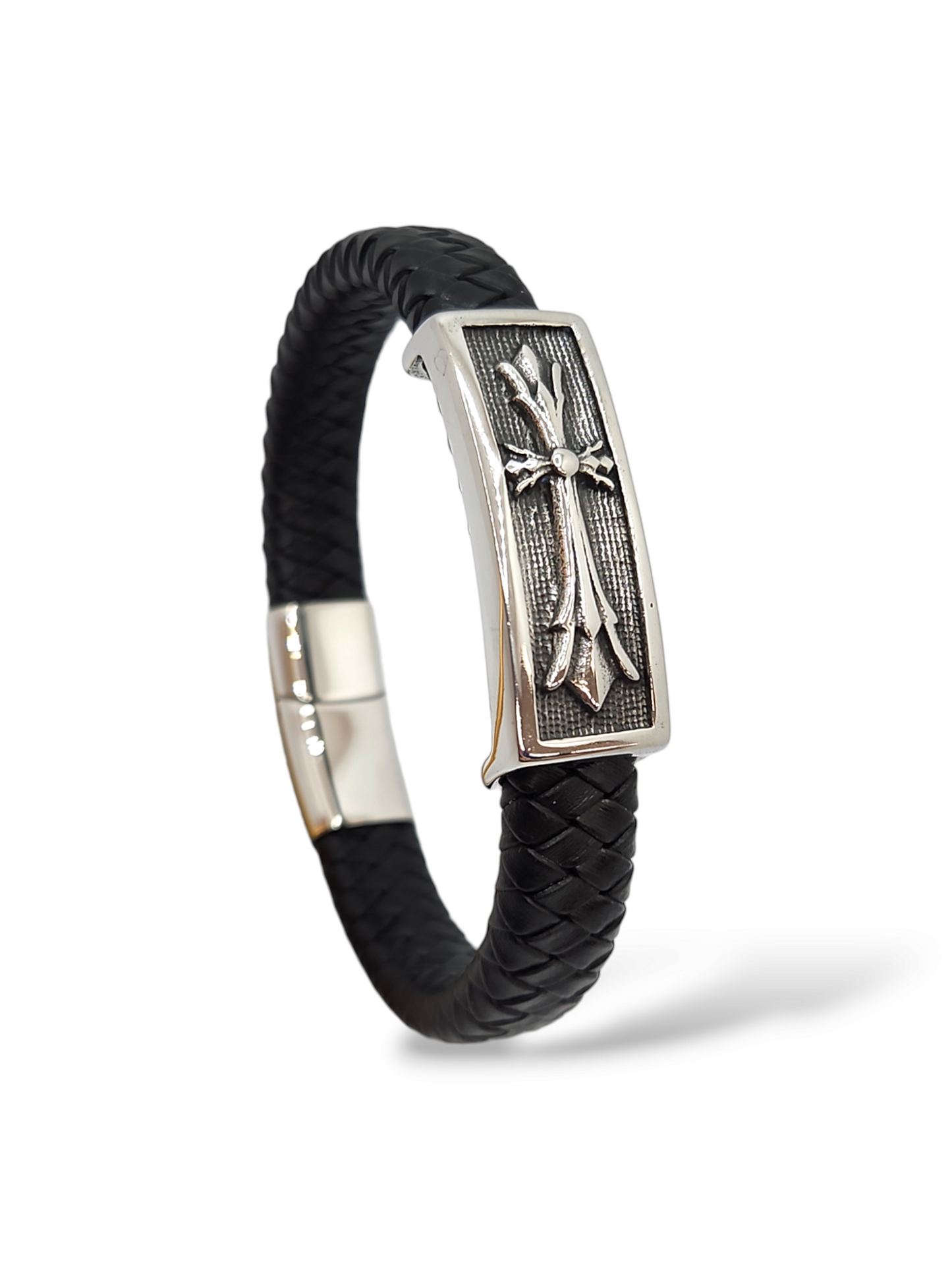 Cross leather bracelet, stainless steel