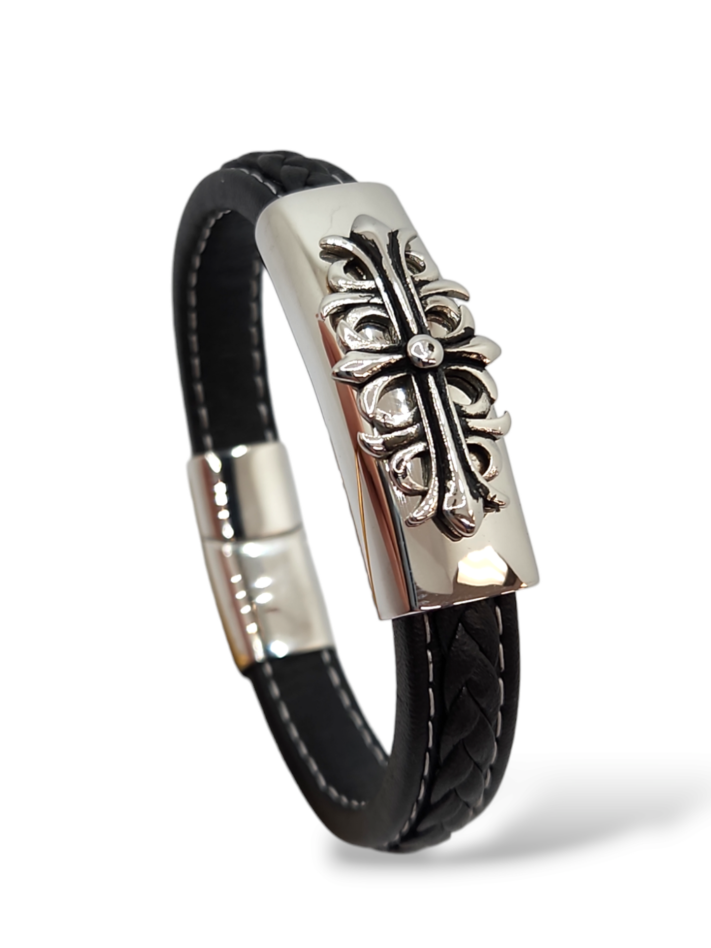 Flor de lis Cross leather bracelet, stainless steel
