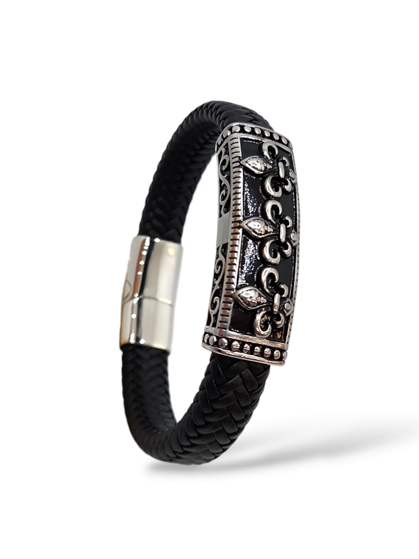 Flor de lis leather bracelet, stainless steel