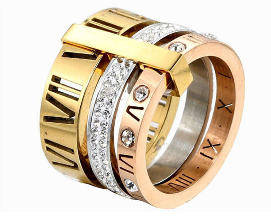 Three color roman number stainless steel ring