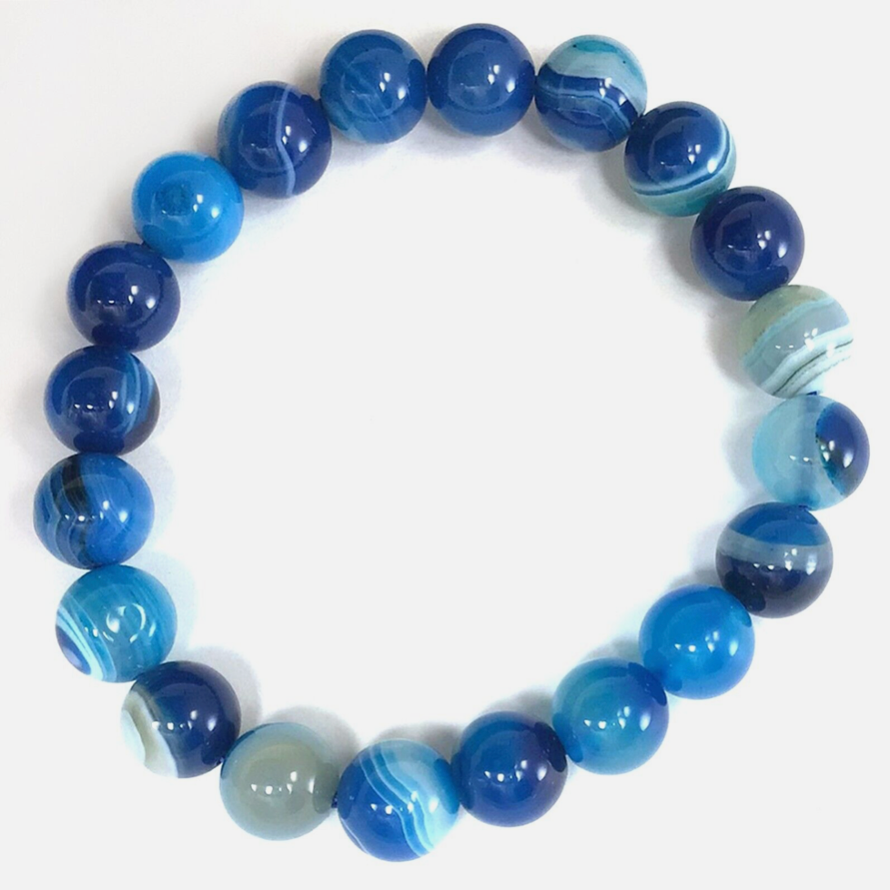 Handmade Natural Blue Stripe Agate Stretch Bracelet Beaded 10mm