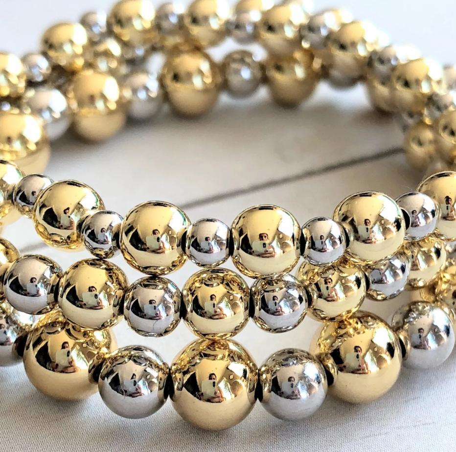 Two Tone Bracelet, Gold and Silver Beaded Bracelets 3mm- 4mm-6mm