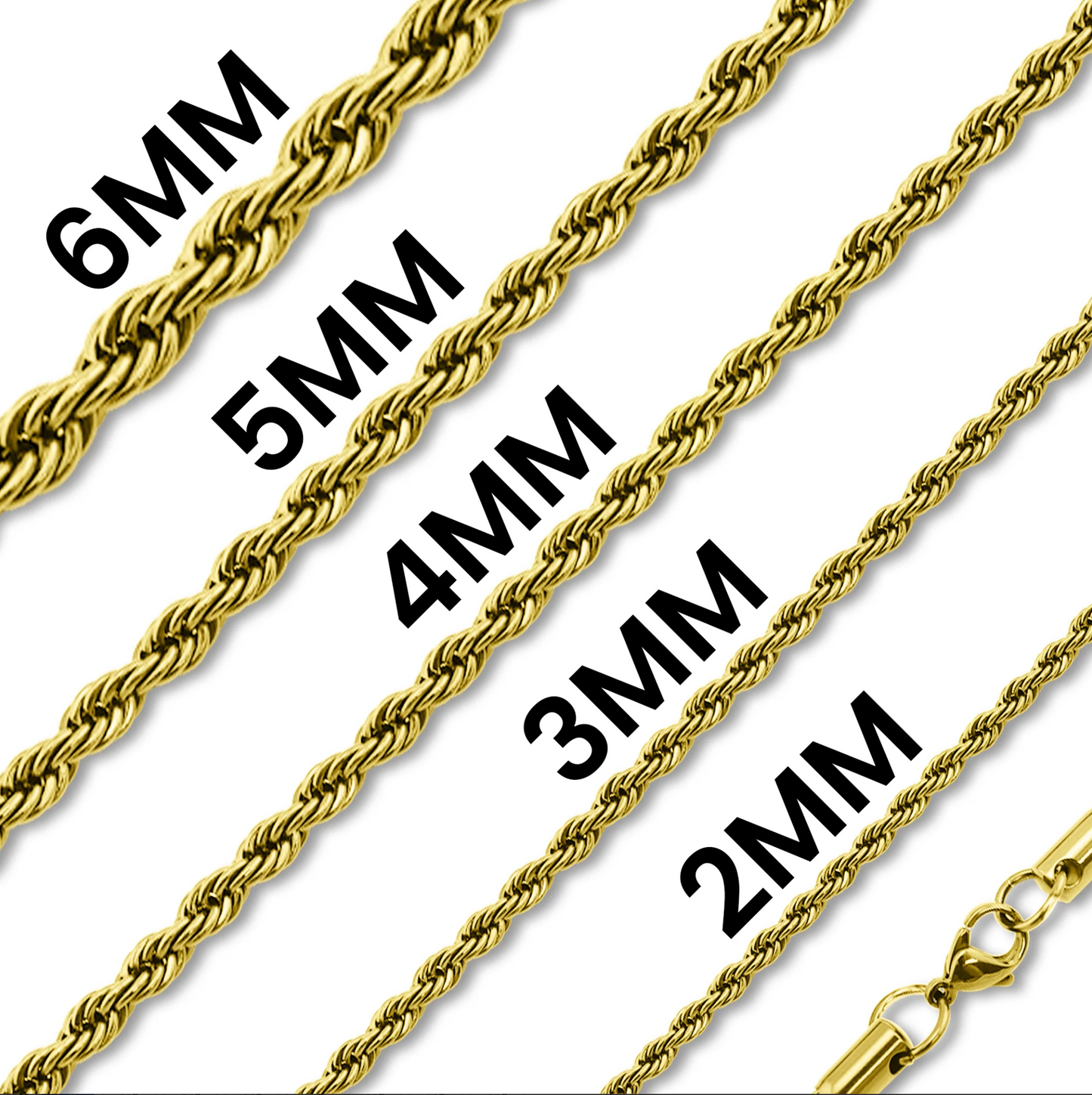Rope chain -Gold Stainless Steel 2mm -3mm-4mm-5mm-6mm