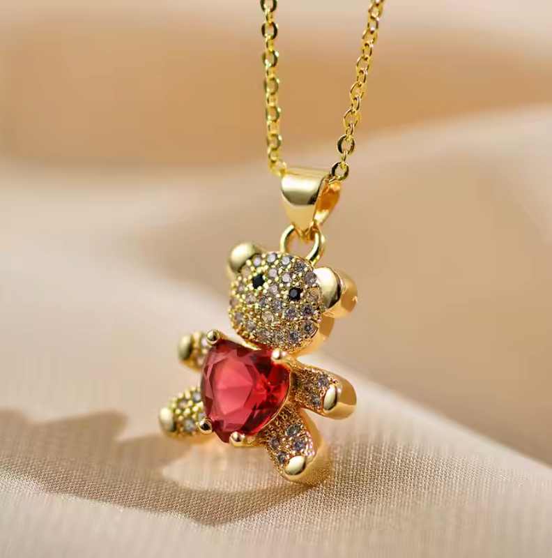 18K Gold Plated Colorful Zircon Heart Crystal Bear Pendant Necklace