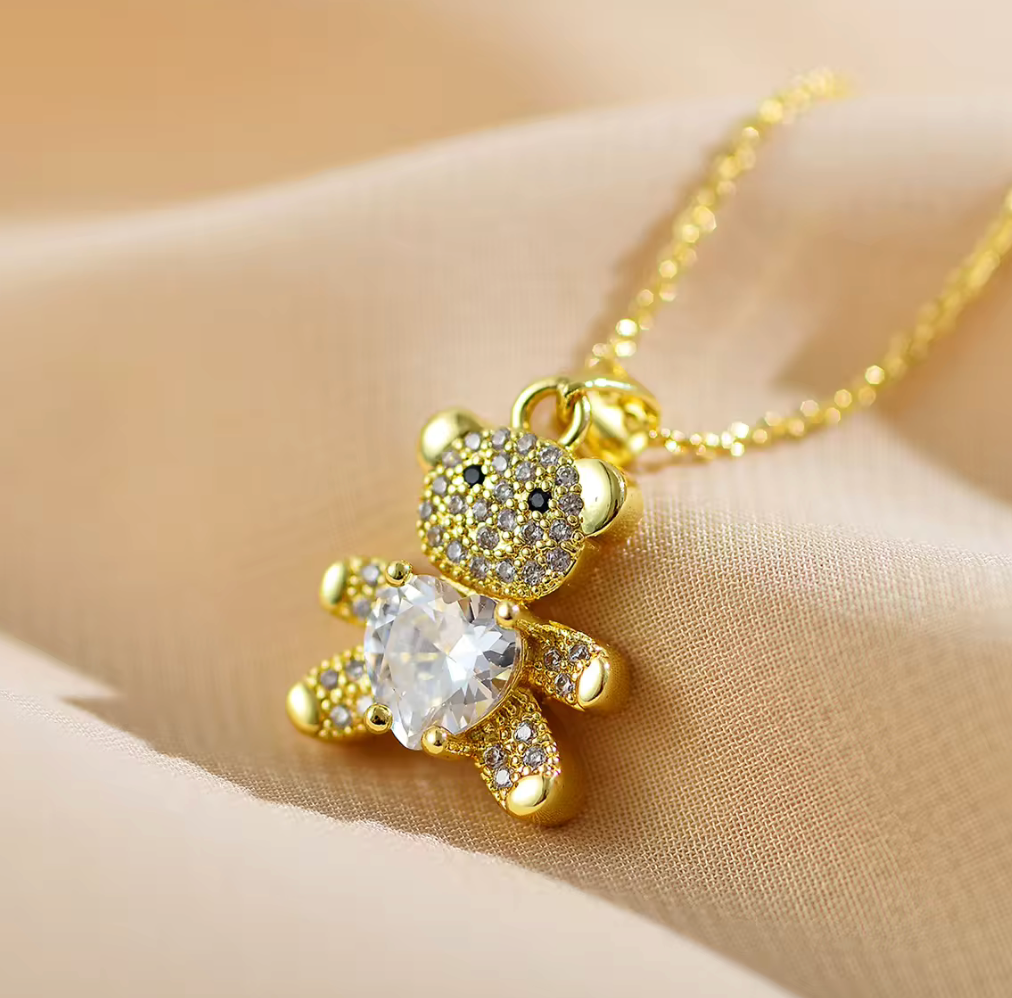 18K Gold Plated Colorful Zircon Heart Crystal Bear Pendant Necklace