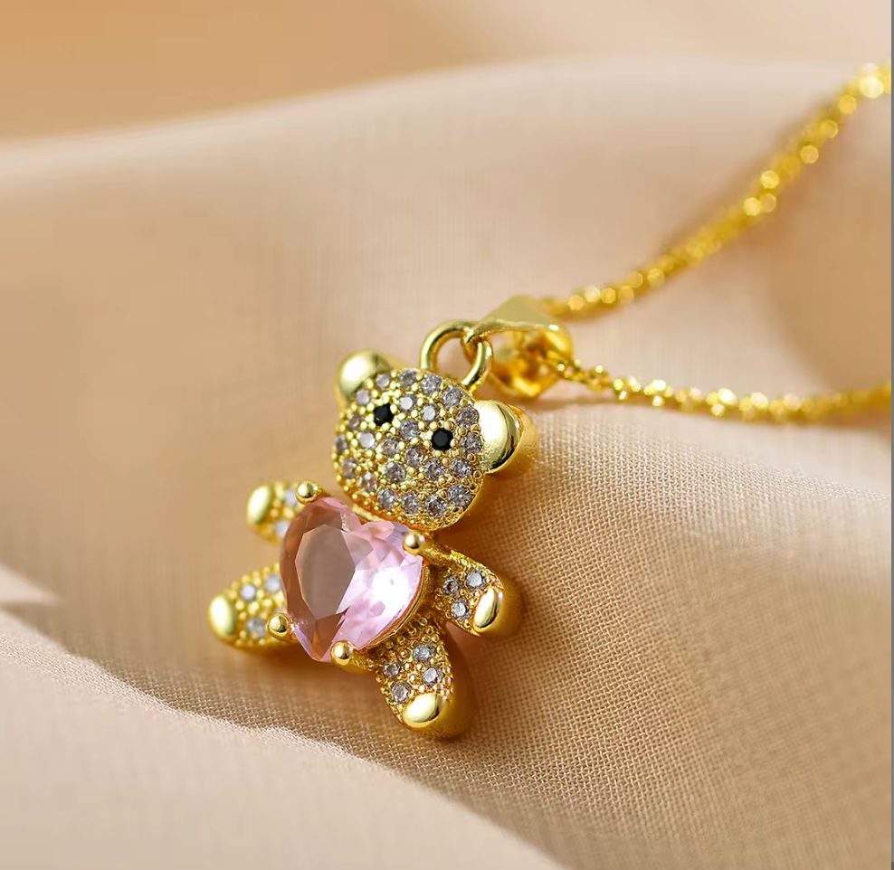 18K Gold Plated Colorful Zircon Heart Crystal Bear Pendant Necklace