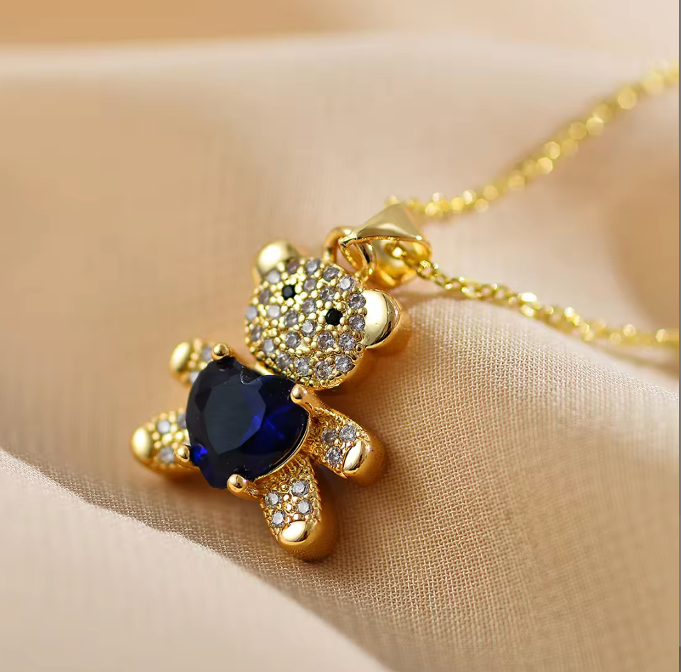 18K Gold Plated Colorful Zircon Heart Crystal Bear Pendant Necklace