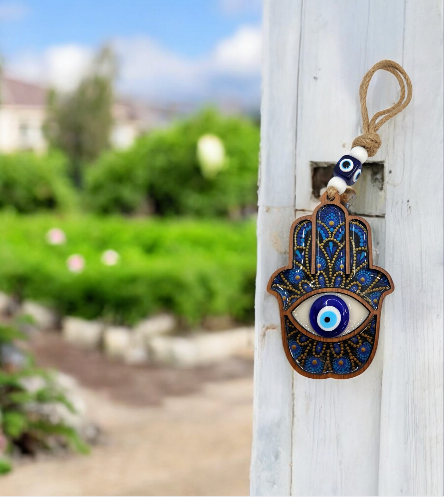 Evil eye glass hamsa wood handing 4"