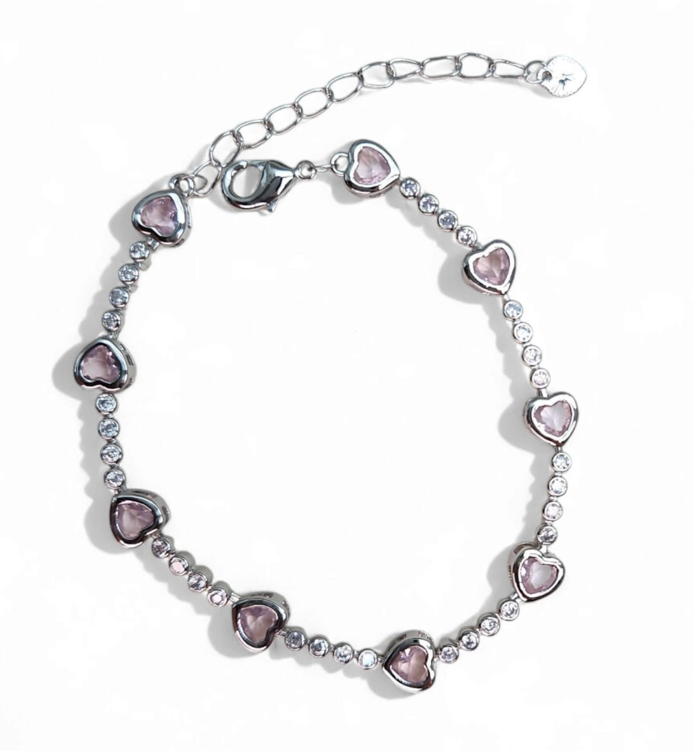 Tennis bracelet heart pave zirconia 7.5" plus extension - Pink