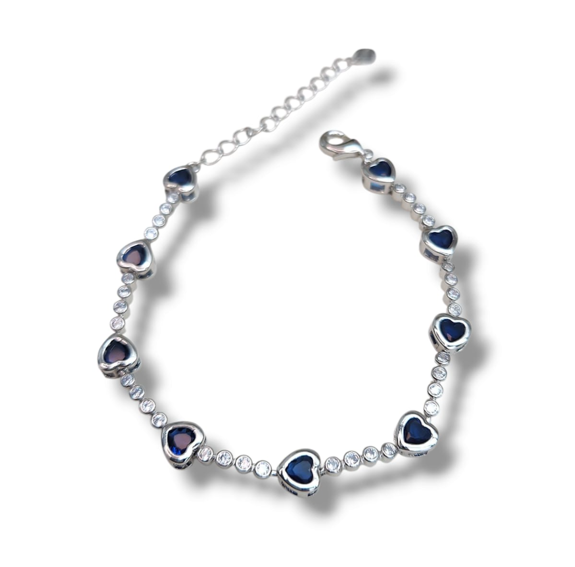 Tennis bracelet heart pave zirconia 7.5" plus extension - Blue