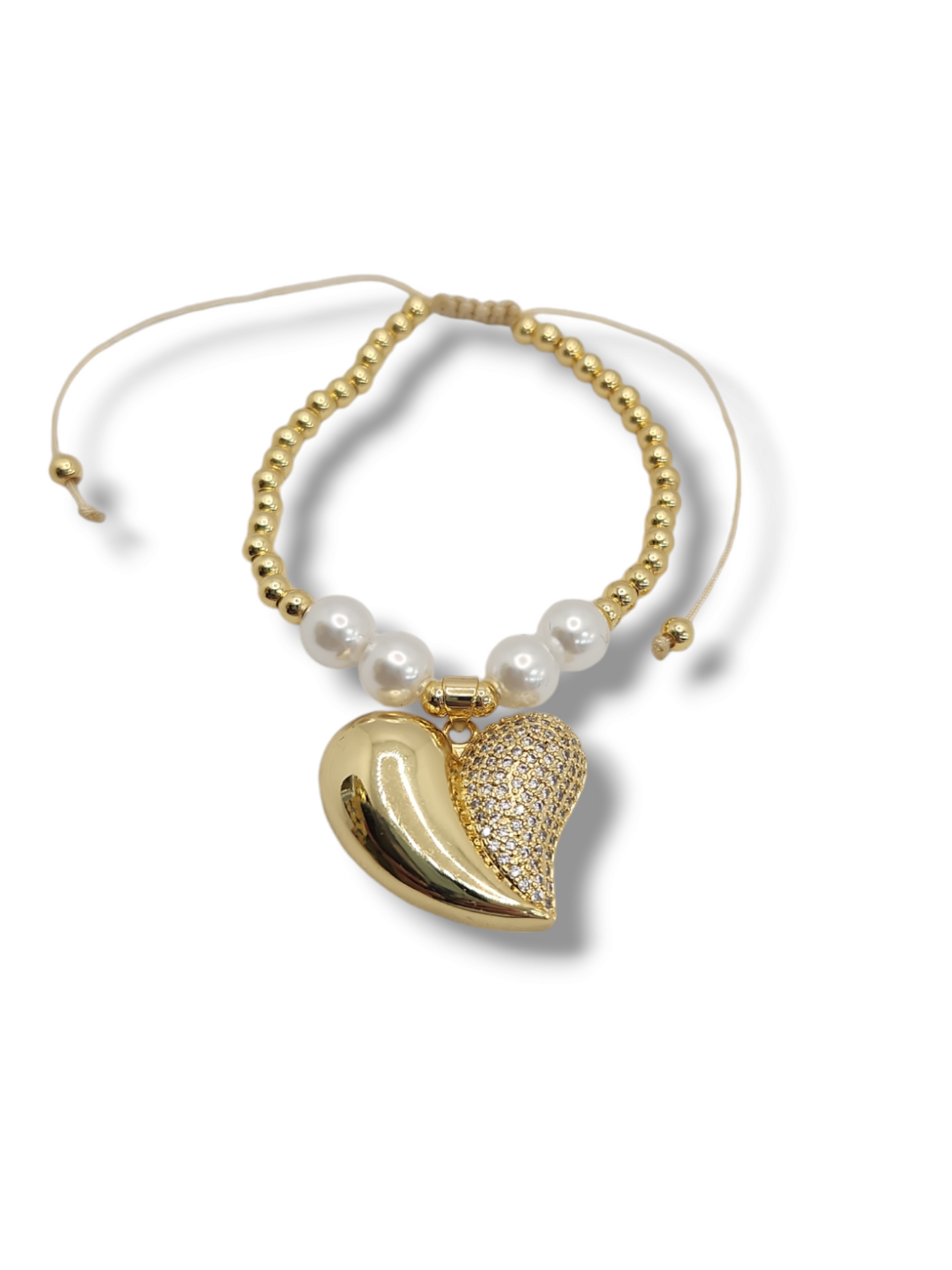 Half pave heart perls charm gold balls string bracelet