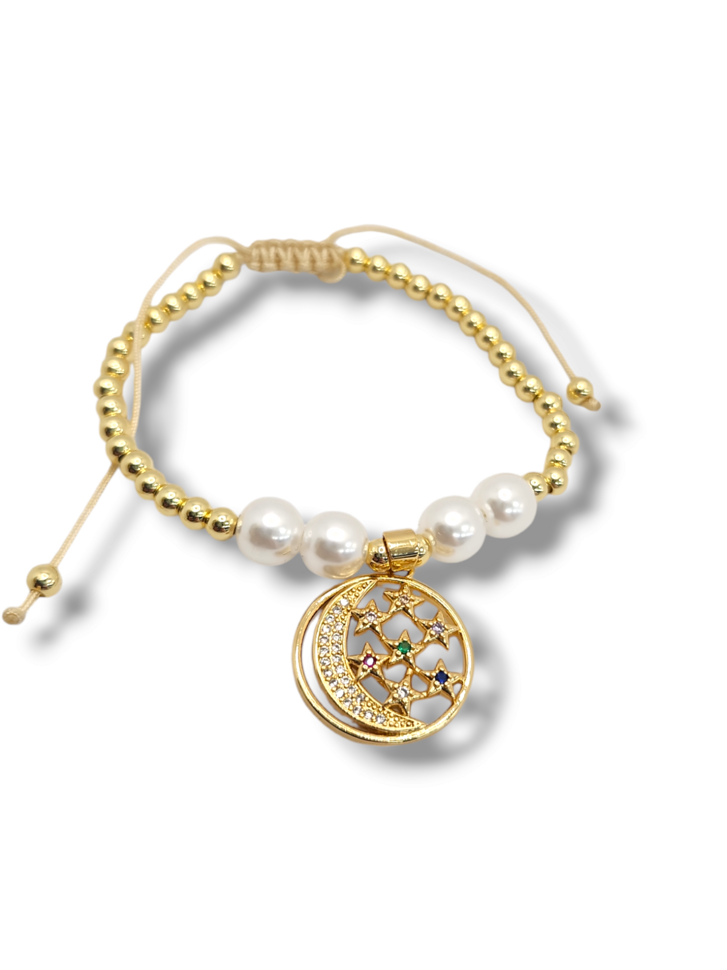 Moon star perls charm gold balls string bracelet
