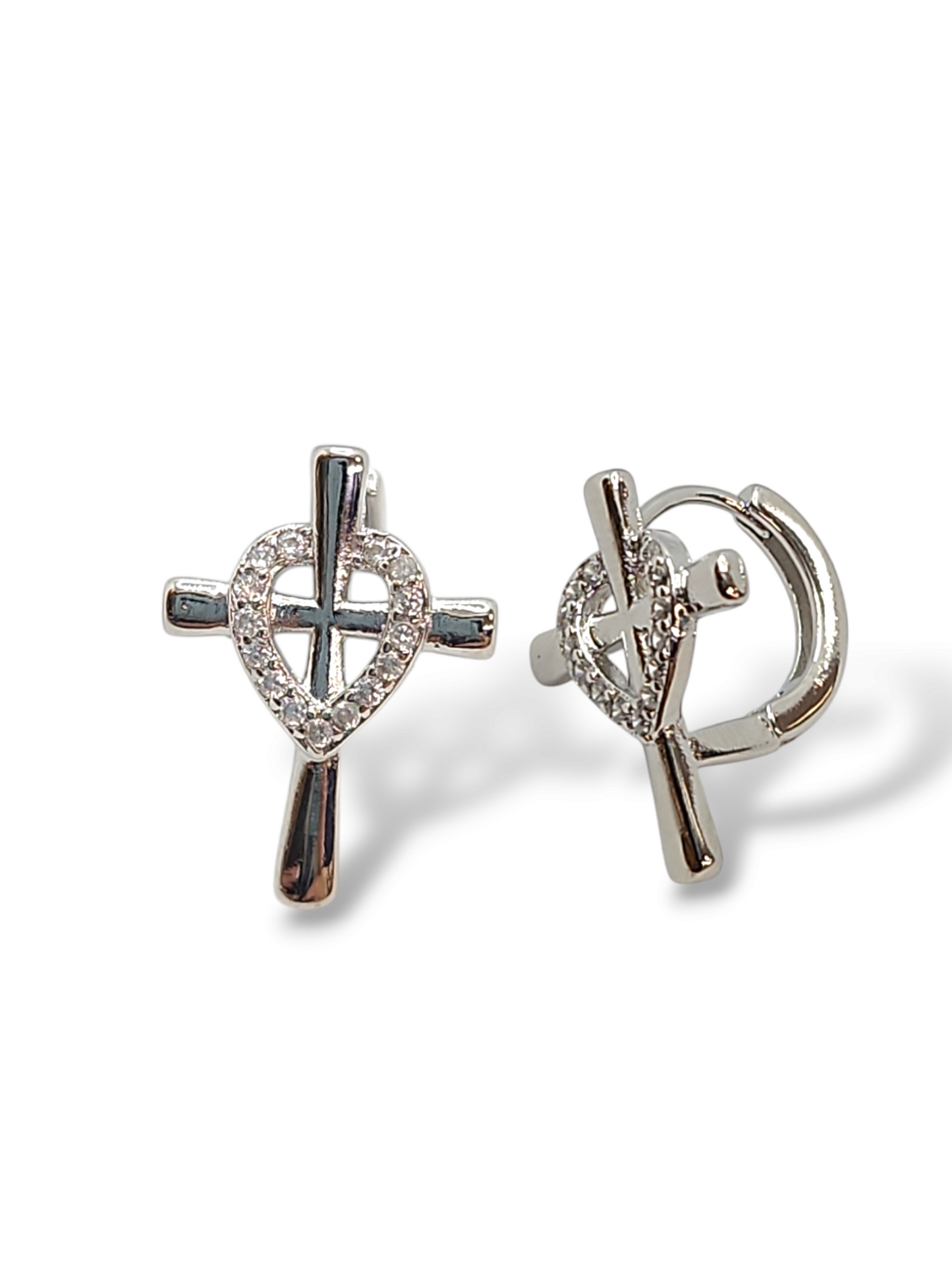 Cross heart stone zirconia huggies stainless steel 3mm