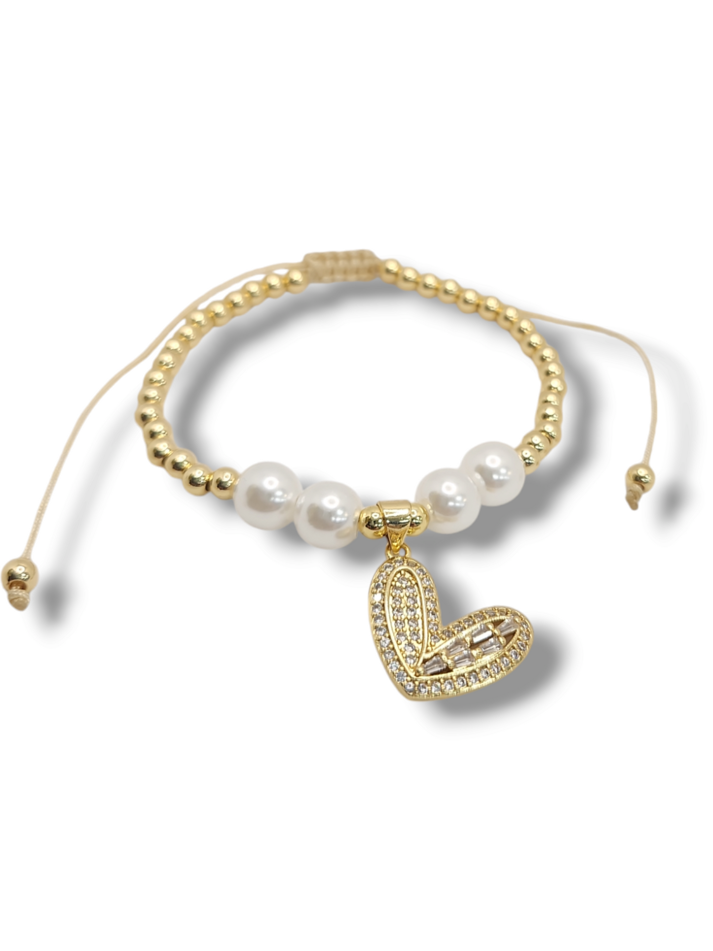 Little Full pave heart perls charm gold balls string bracelet