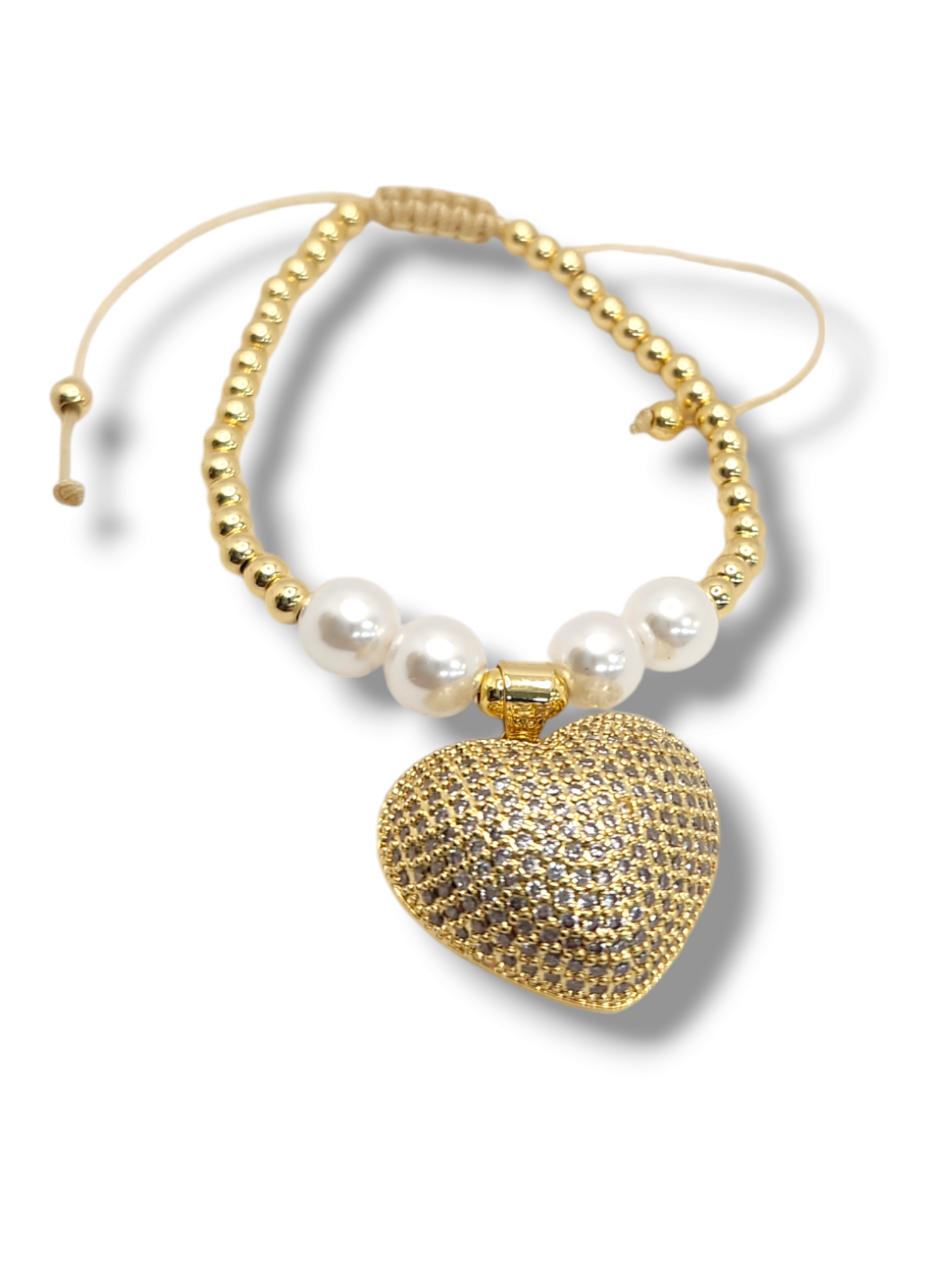 Chonky Full pave heart perls charm gold balls string bracelet