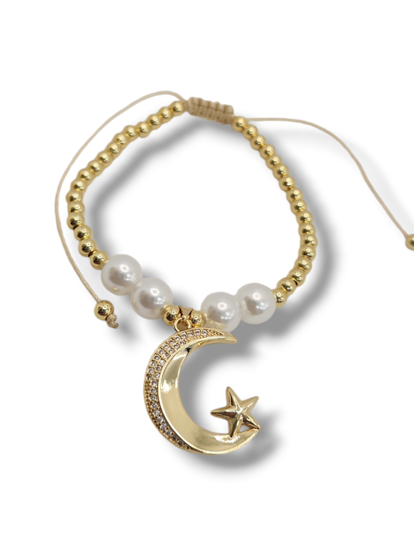 Big moon and star perls charm gold balls string bracelet