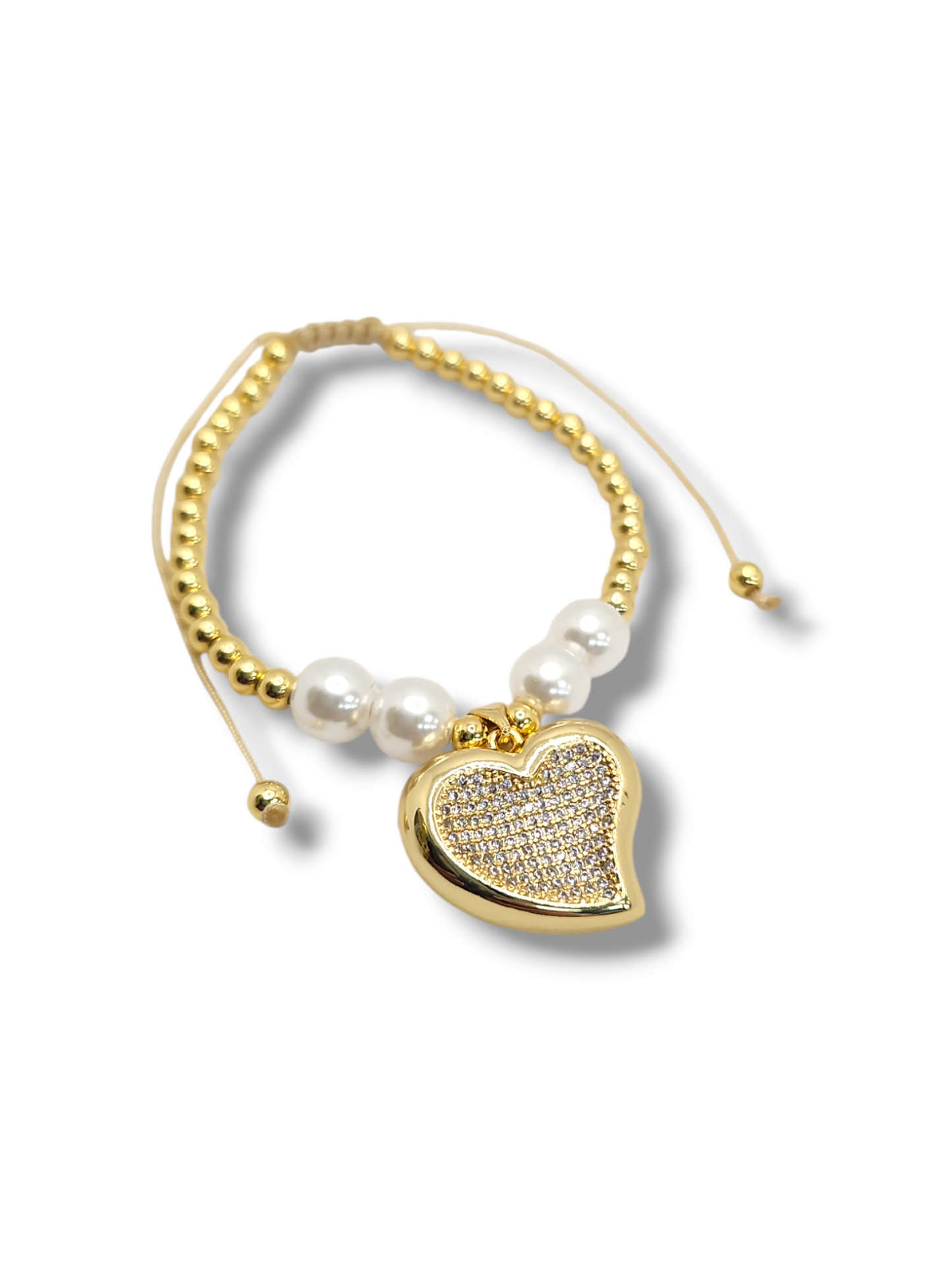 Full pave heart perls charm gold balls string bracelet