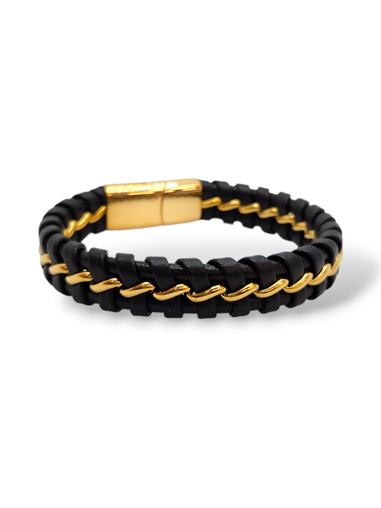 Chain gold leather bracelet, stainless steel