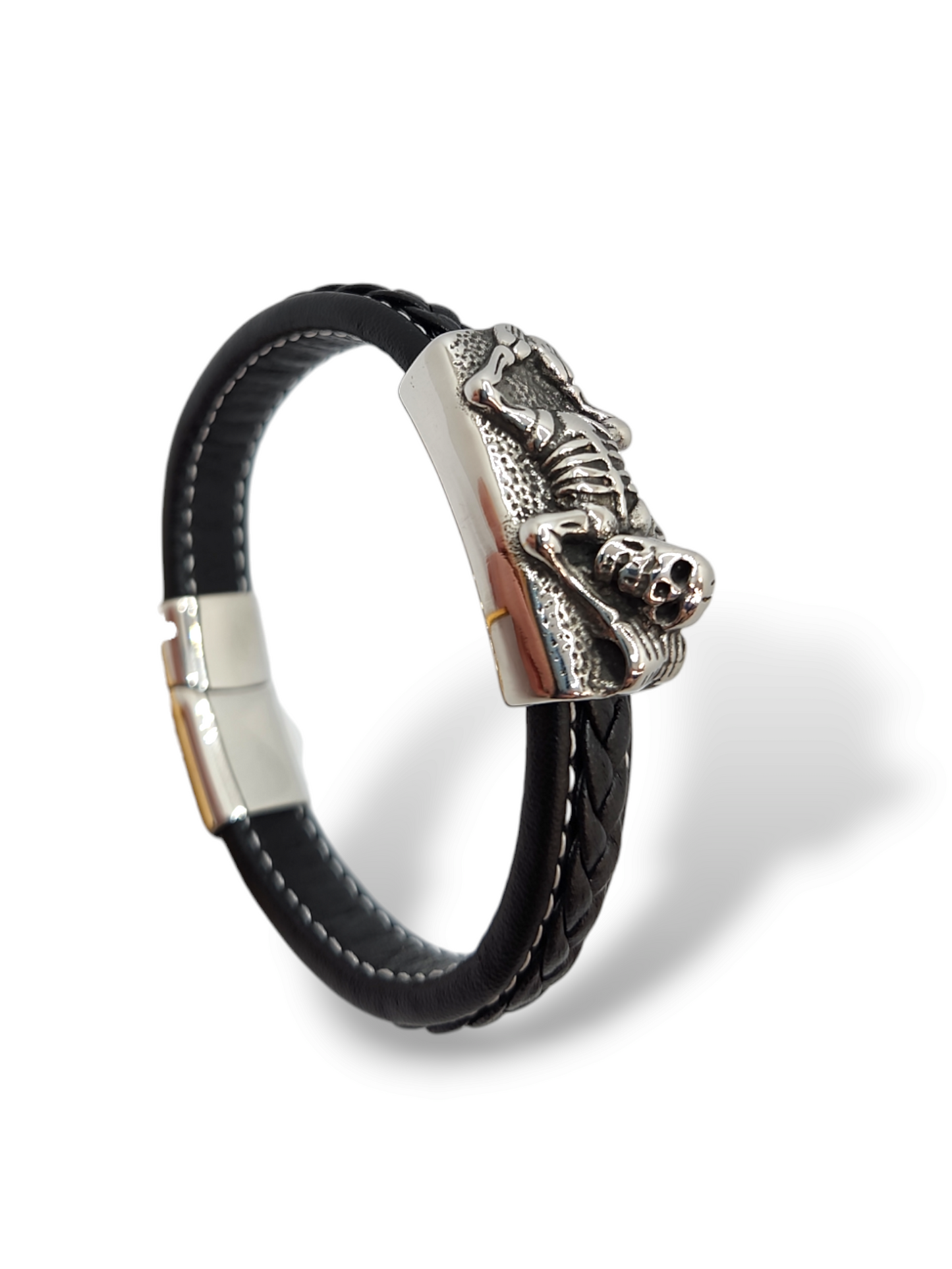 Sleep skull leather bracelet, stainless steel