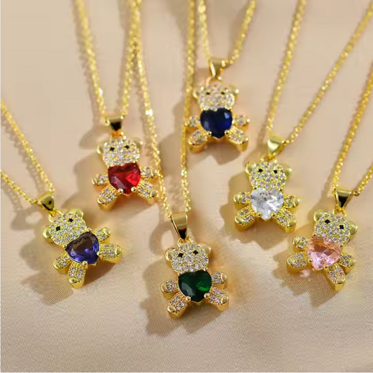 18K Gold Plated Colorful Zircon Heart Crystal Bear Pendant Necklace