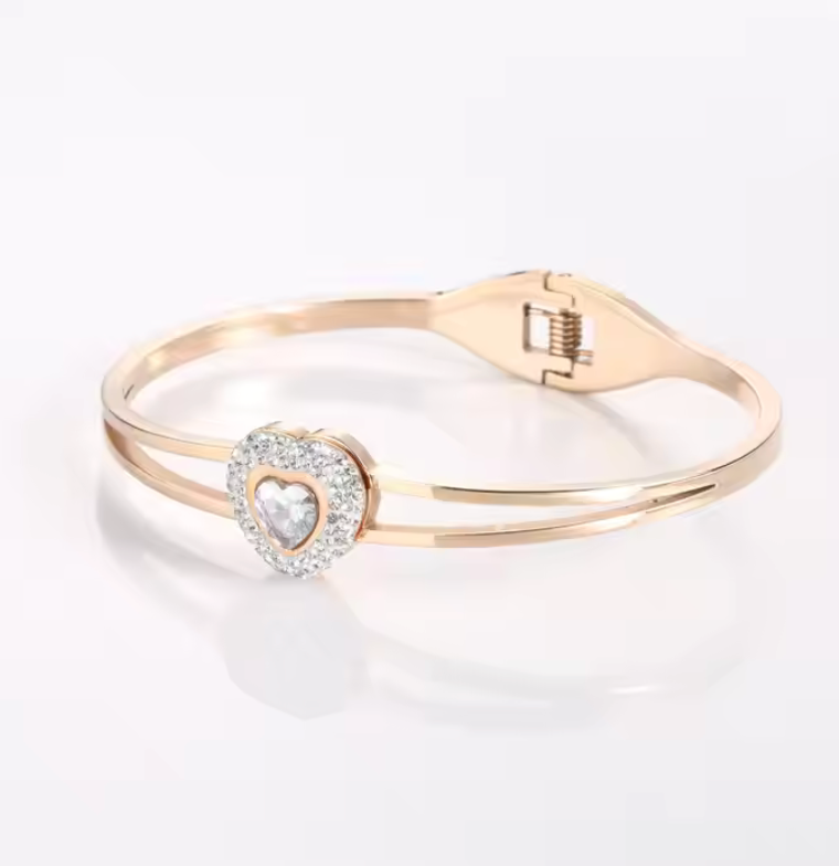 18K Gold Plated Heart Zircon Bangle Women Stainless Steel