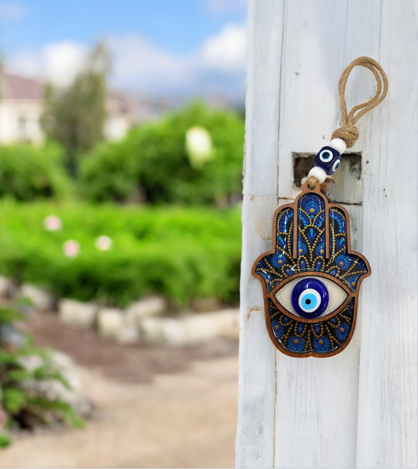 Evil eye glass hamsa wood handing  4"