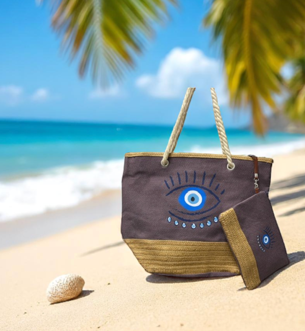 Evil eye beach bag with wallet