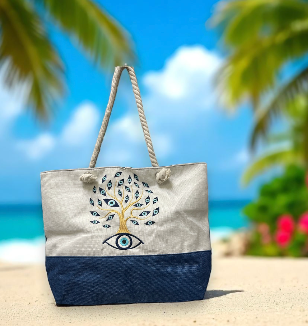 Tree of life evil eye beach bag.
