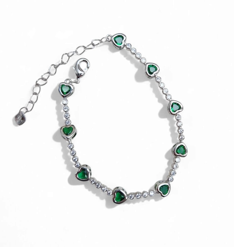 Tennis bracelet heart pave zirconia 7.5" plus extension - Green