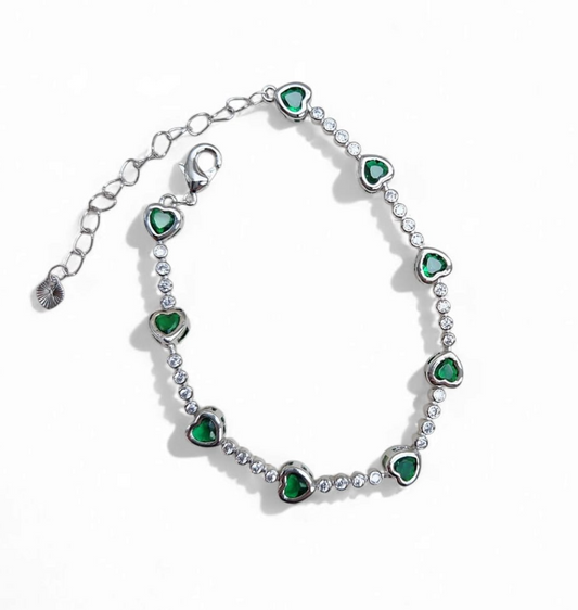 Tennis bracelet heart pave zirconia 7.5" plus extension - Green