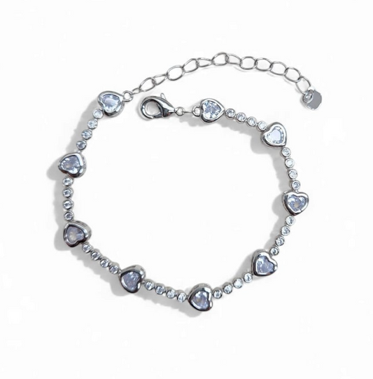Tennis bracelet heart pave zirconia 7.5" plus extension - Clear