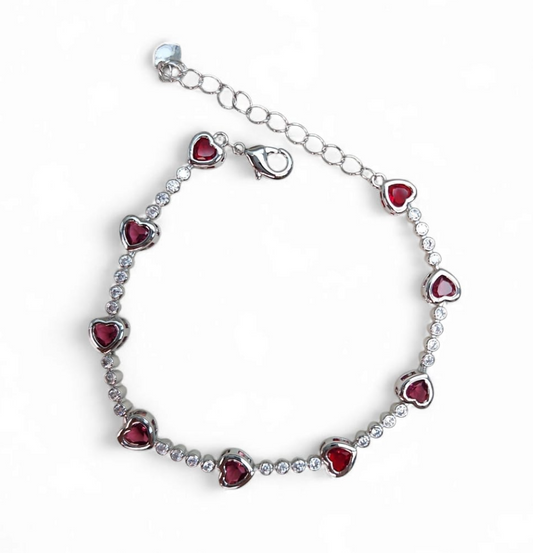 Tennis bracelet heart pave zirconia 7.5" plus extension - Red