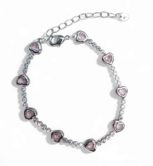 Tennis bracelet heart pave zirconia 7.5" plus extension - Pink