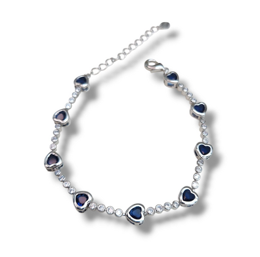 Tennis bracelet heart pave zirconia 7.5" plus extension - Blue