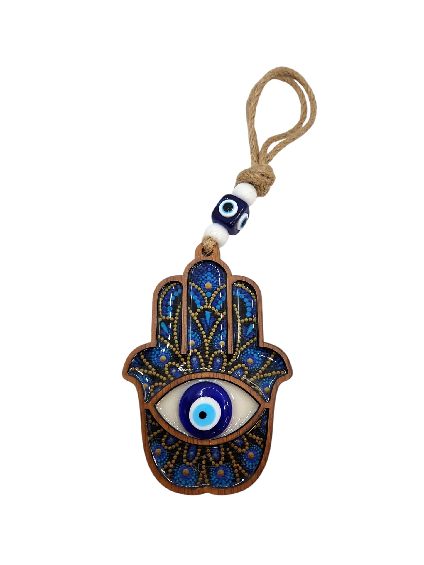 Evil eye glass hamsa wood handing  4"