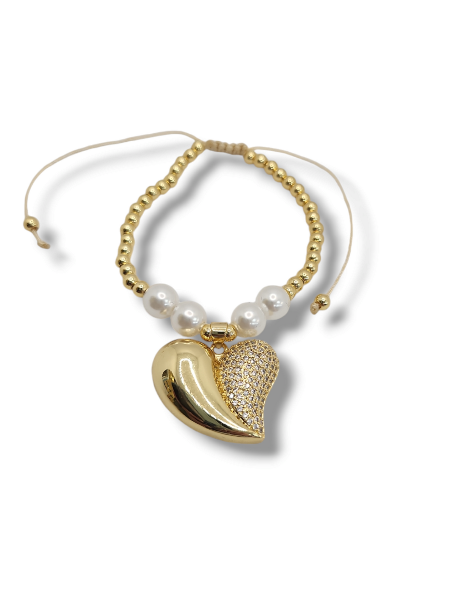 Half pave heart  perls charm gold balls  string bracelet