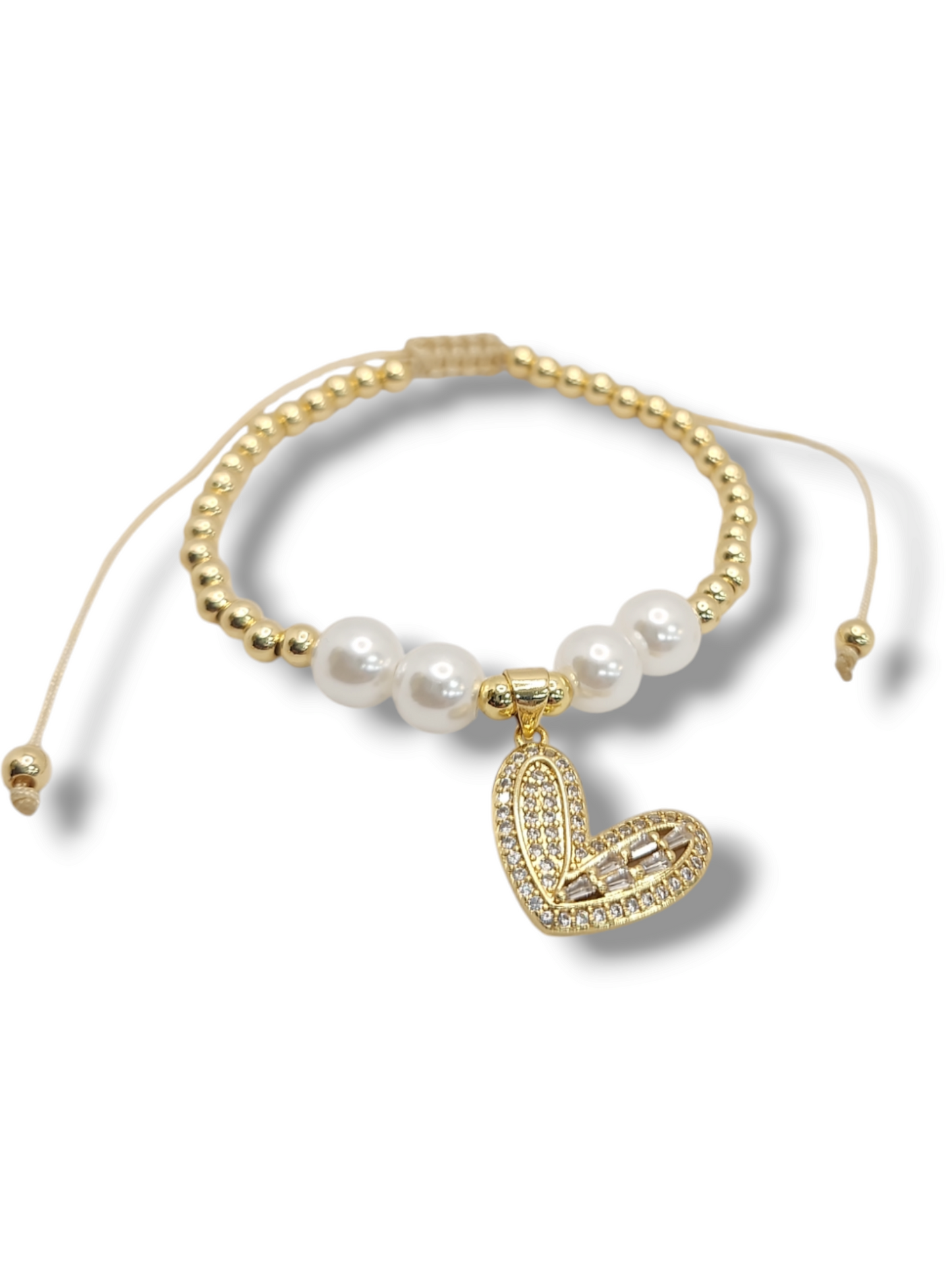 Little Full pave heart  perls charm gold balls  string bracelet