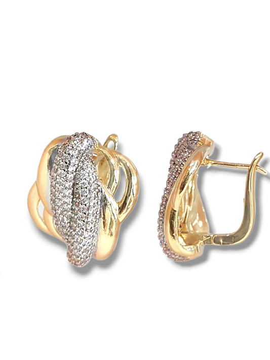 Two tons double bowm shape with zirconia pave French back earrings